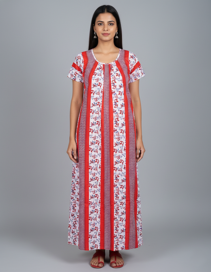 Daily Comfort Ankle-Length Cotton Nighty – Red Floral Print 30