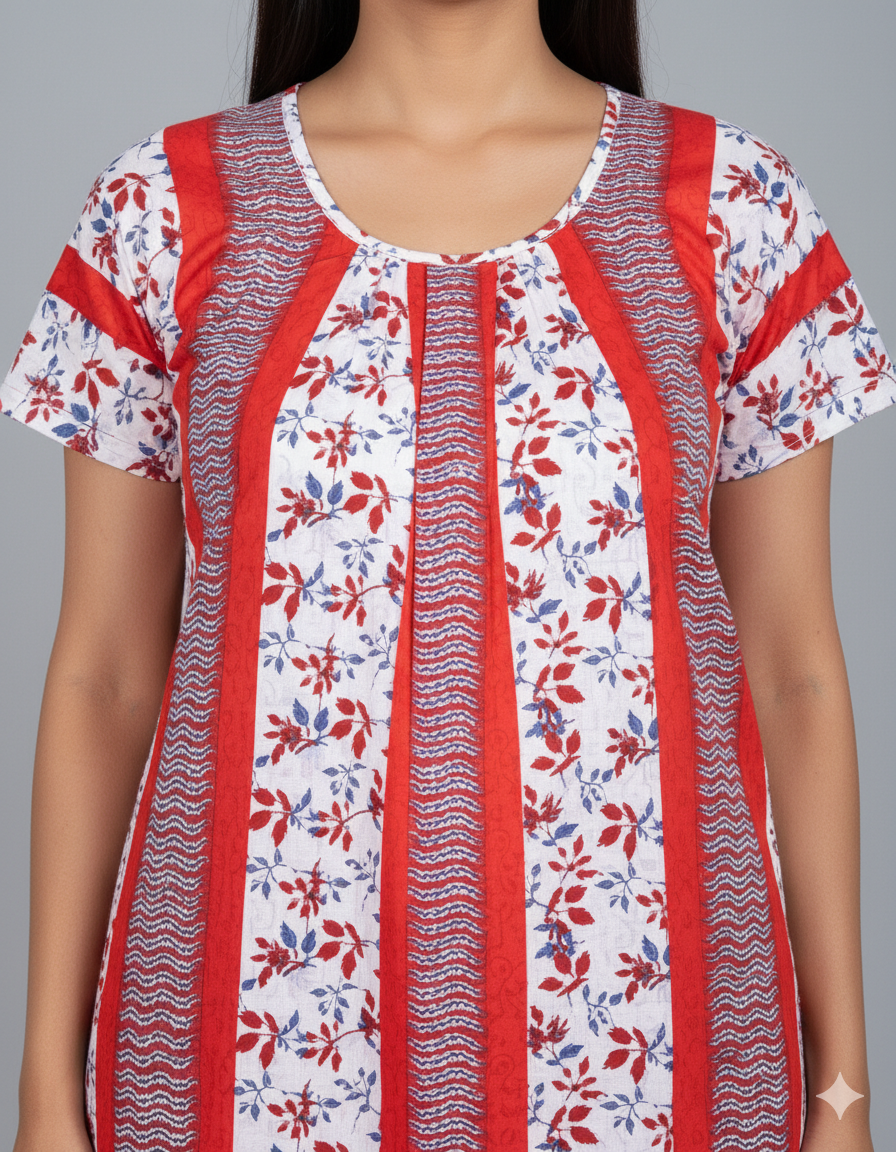 Daily Comfort Ankle-Length Cotton Nighty – Red Floral Print 30