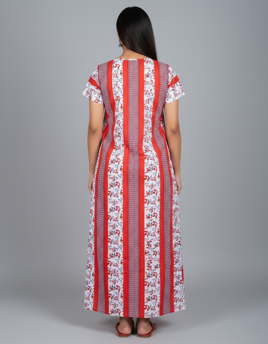 Daily Comfort Ankle-Length Cotton Nighty – Red Floral Print 30