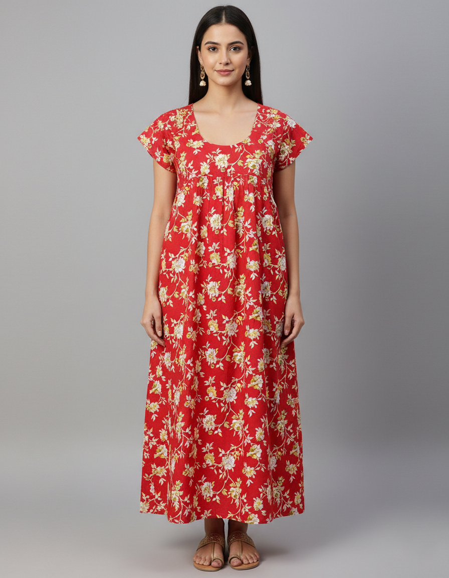 Daily Comfort Ankle-Length Cotton Nighty – Red Floral Print 36