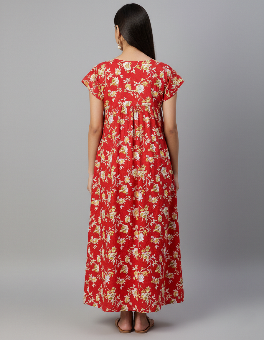 Daily Comfort Ankle-Length Cotton Nighty – Red Floral Print 36