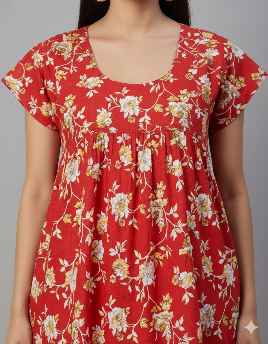 Daily Comfort Ankle-Length Cotton Nighty – Red Floral Print 36