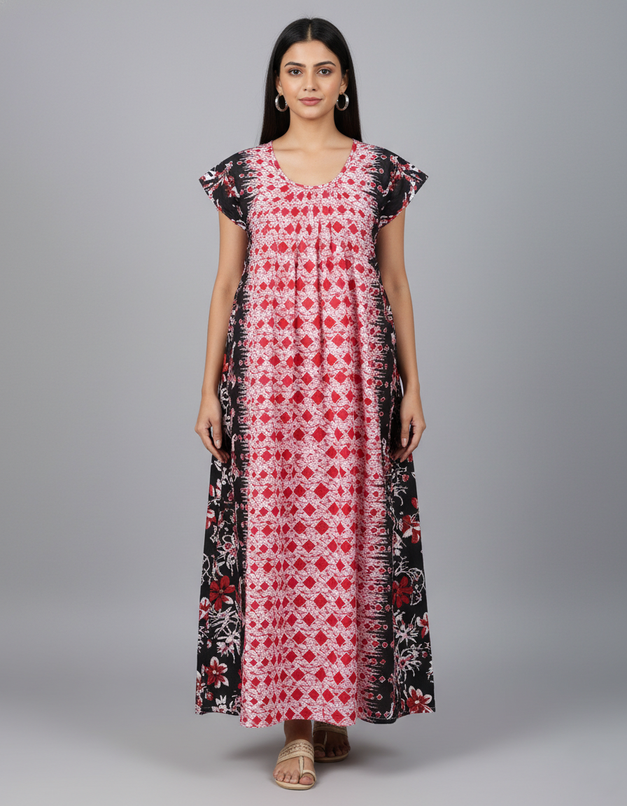 Daily Comfort Ankle-Length Cotton Nighty – Red Floral Print 37