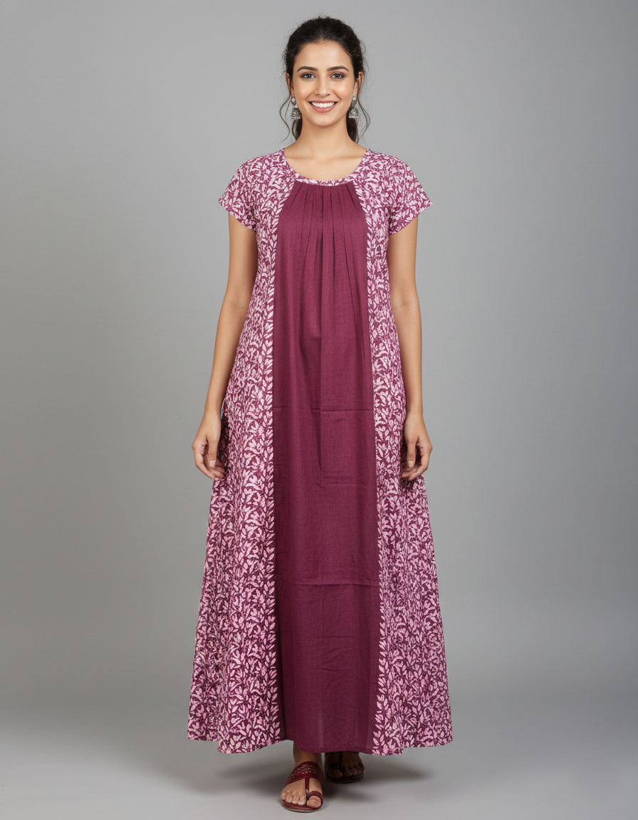 Daily Comfort Ankle-Length Cotton Nighty – Maroon Floral Print 4