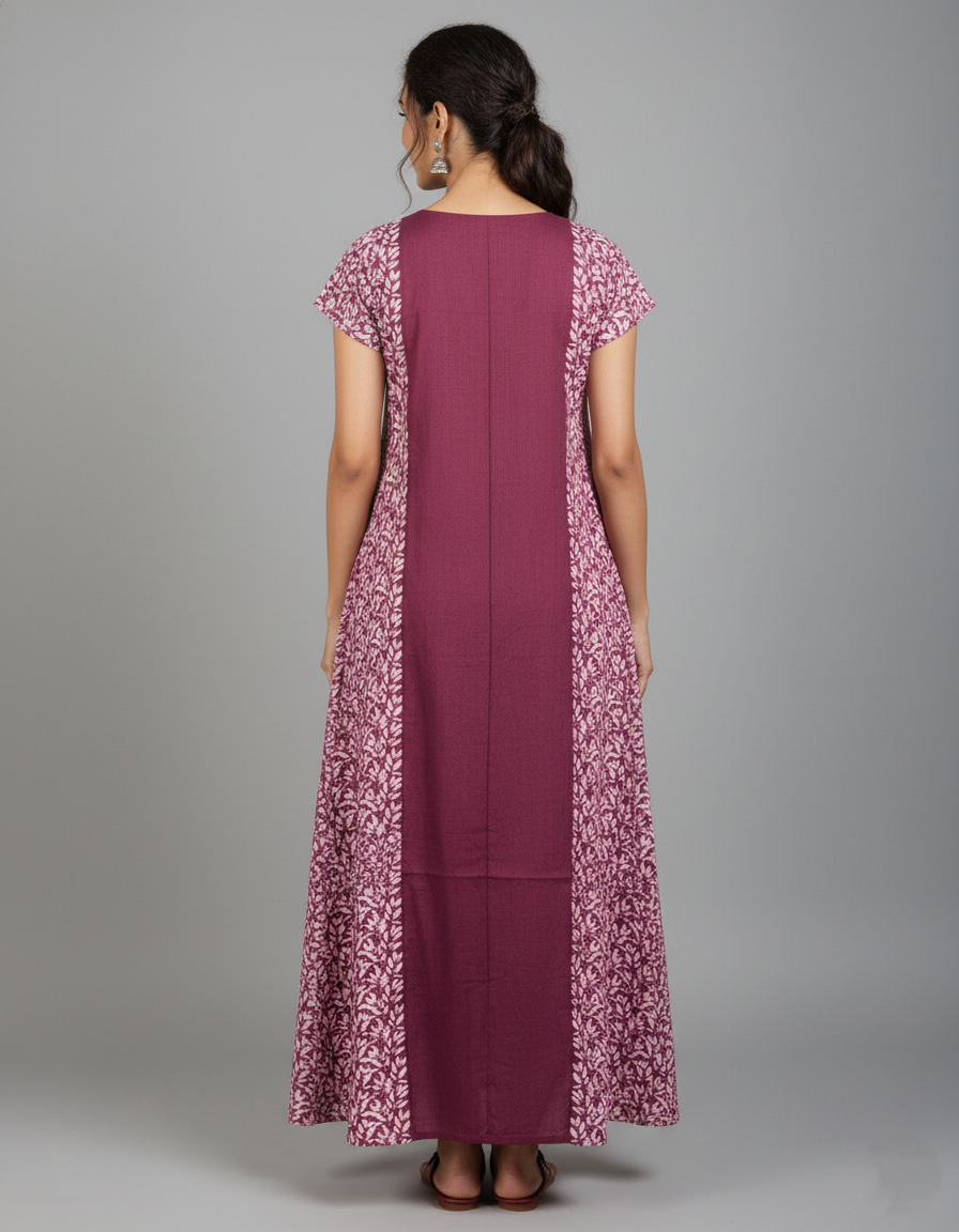 Daily Comfort Ankle-Length Cotton Nighty – Maroon Floral Print 4