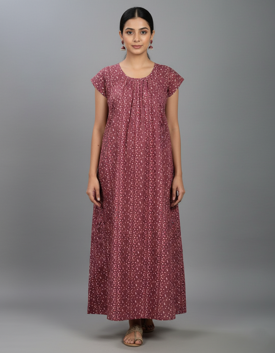 Daily Comfort Ankle-Length Cotton Nighty – Maroon Floral Print 7