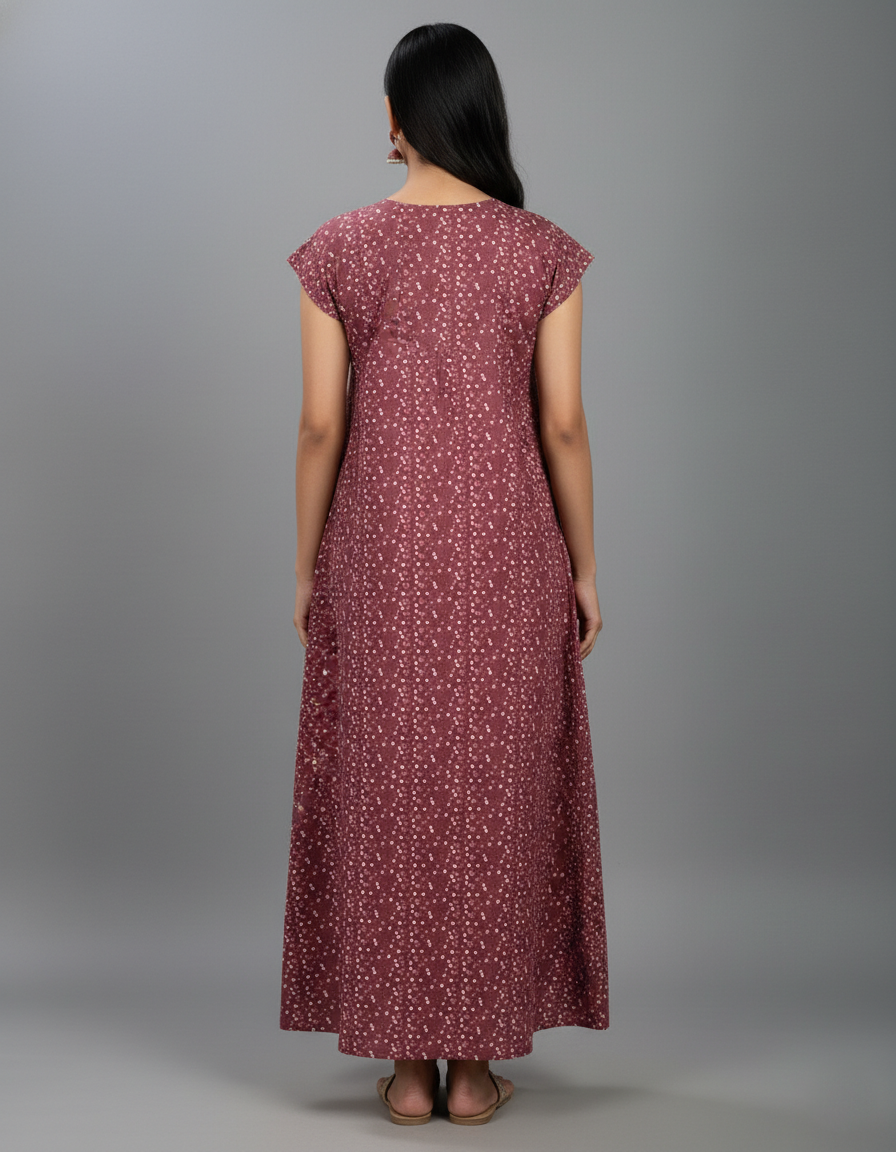 Daily Comfort Ankle-Length Cotton Nighty – Maroon Floral Print 7