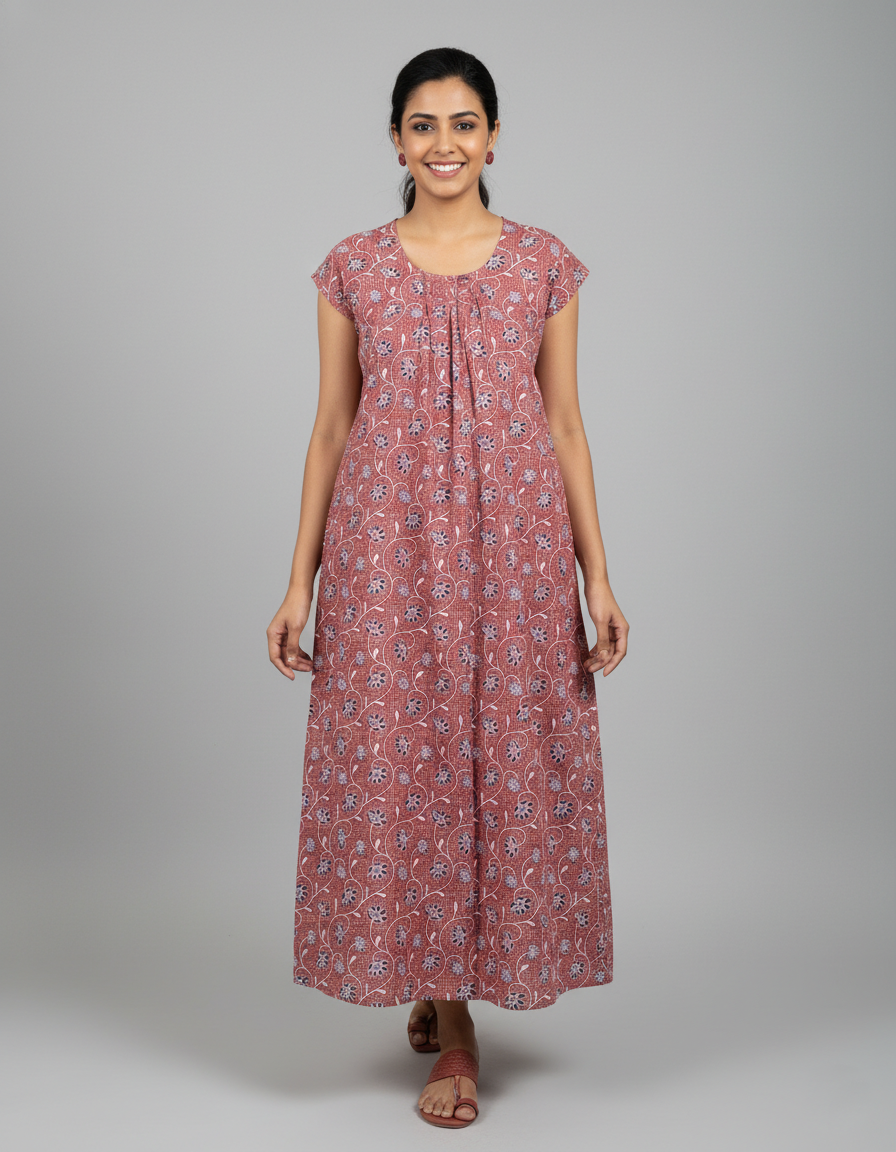 Daily Comfort Ankle-Length Cotton Nighty – Brown Floral Print 6