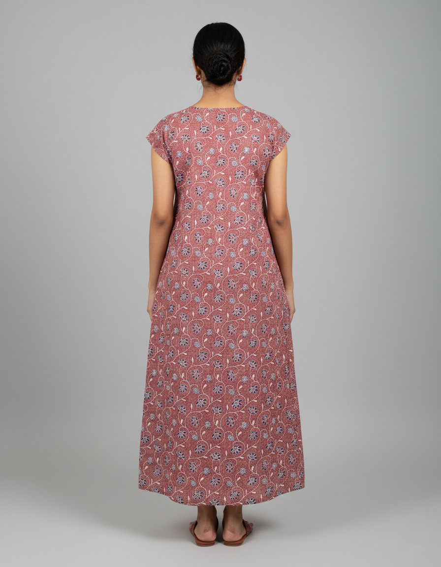 Daily Comfort Ankle-Length Cotton Nighty – Brown Floral Print 6