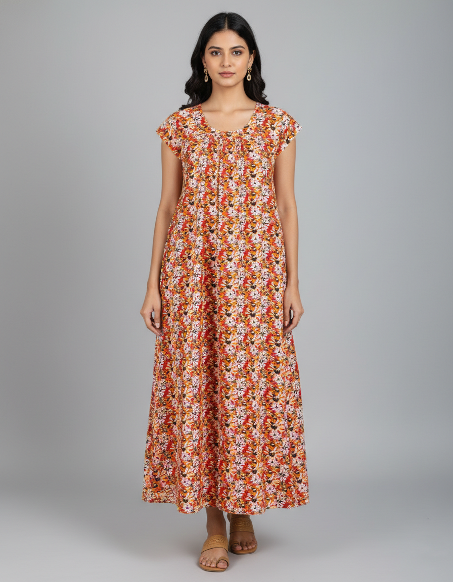 Daily Comfort Ankle-Length Cotton Nighty – Orange Floral Print 8