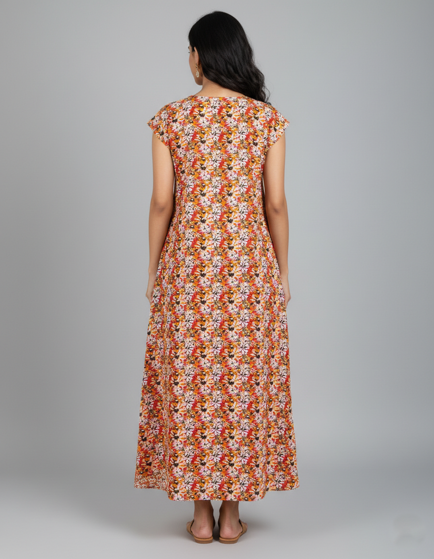 Daily Comfort Ankle-Length Cotton Nighty – Orange Floral Print 8