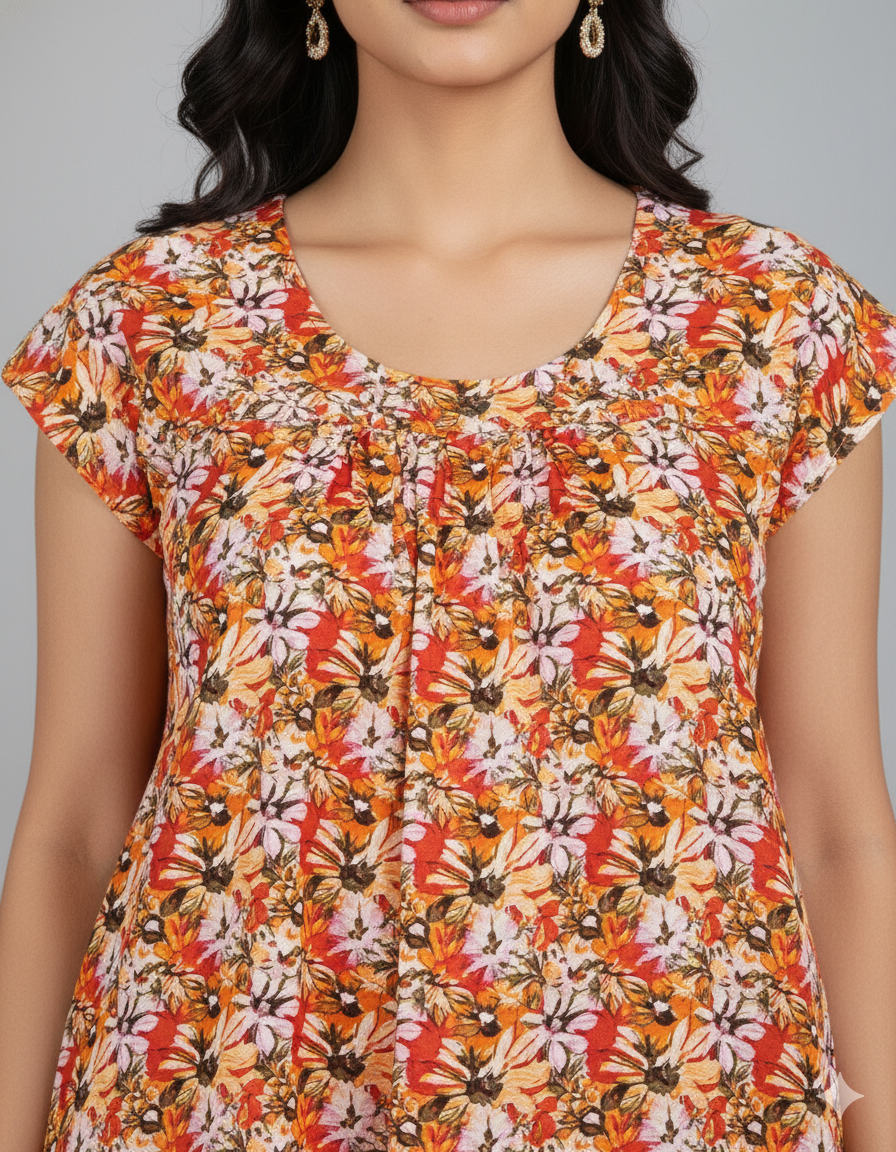 Daily Comfort Ankle-Length Cotton Nighty – Orange Floral Print 8