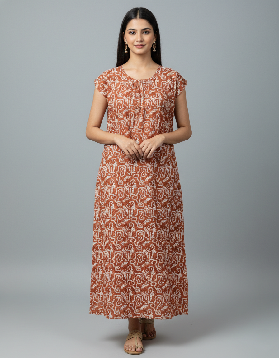 Daily Comfort Ankle-Length Cotton Nighty – Brown Floral Print 4