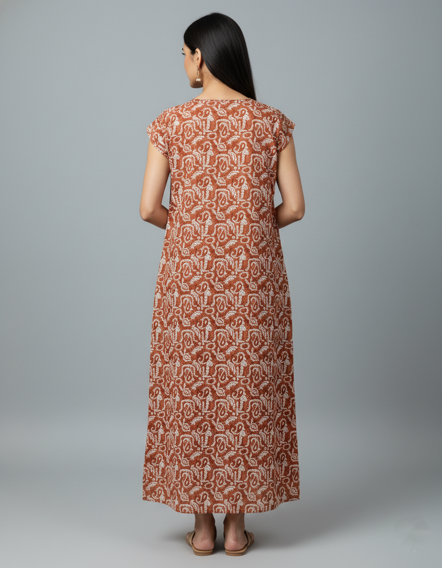 Daily Comfort Ankle-Length Cotton Nighty – Brown Floral Print 4