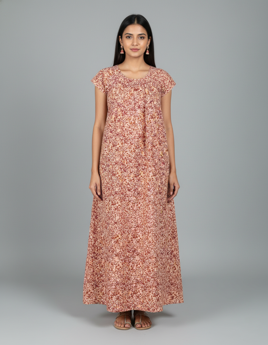 Daily Comfort Ankle-Length Cotton Nighty – Brown Floral Print 5