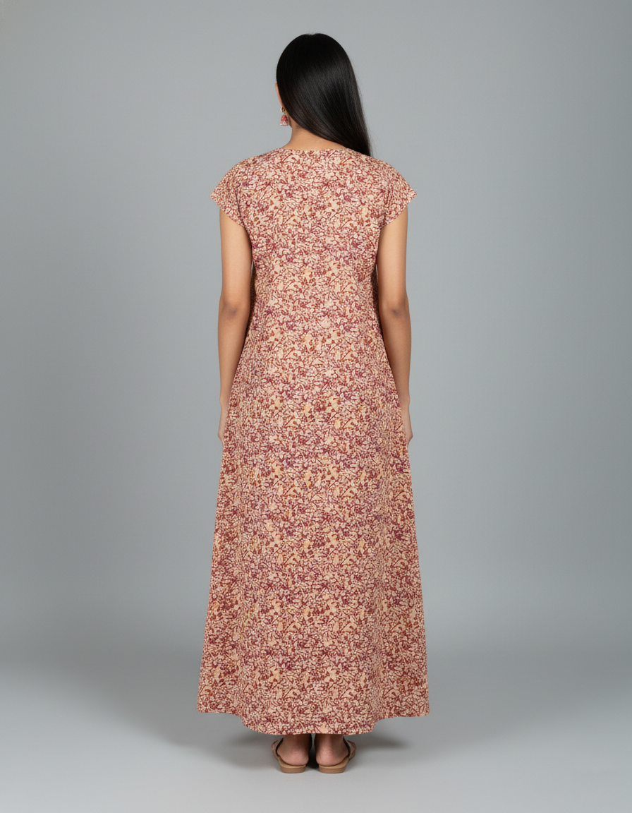 Daily Comfort Ankle-Length Cotton Nighty – Brown Floral Print 5