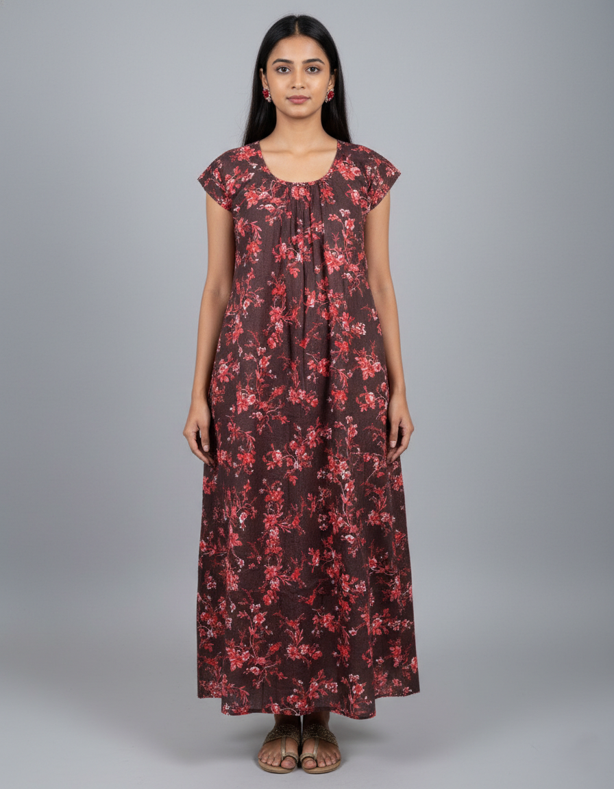 Daily Comfort Ankle-Length Cotton Nighty – Maroon Floral Print 5
