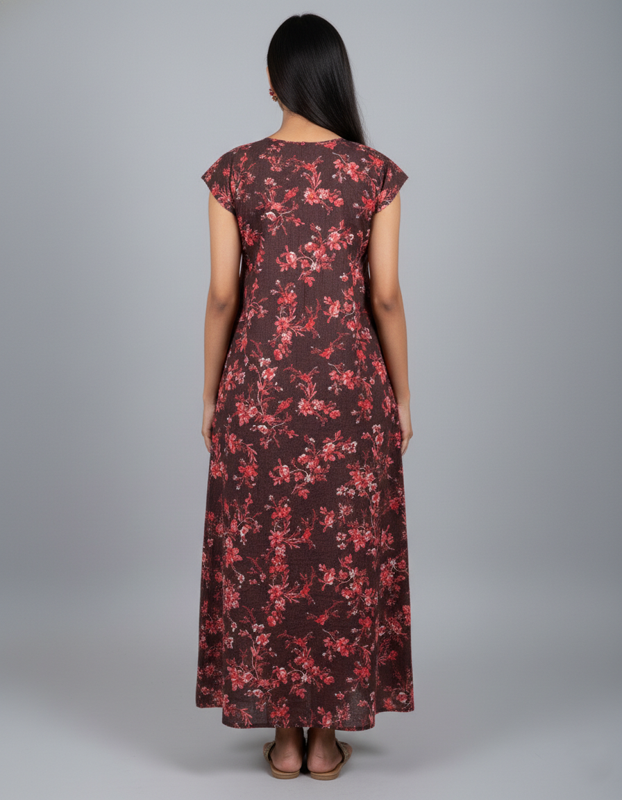 Daily Comfort Ankle-Length Cotton Nighty – Maroon Floral Print 5