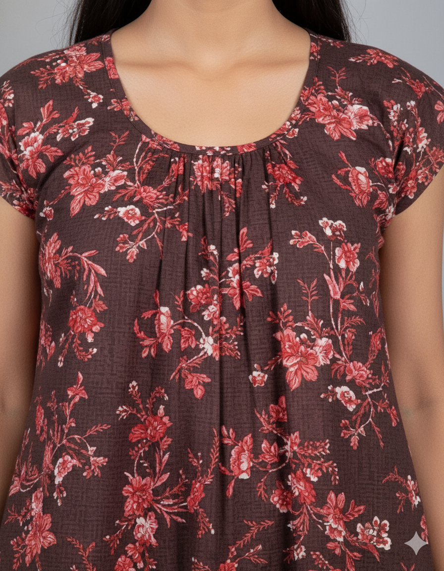 Daily Comfort Ankle-Length Cotton Nighty – Maroon Floral Print 5