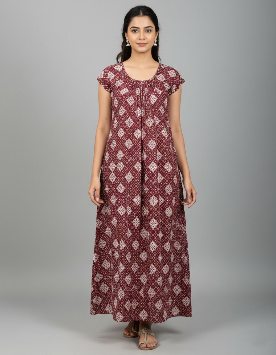 Daily Comfort Ankle-Length Cotton Nighty – Maroon Floral Print 6