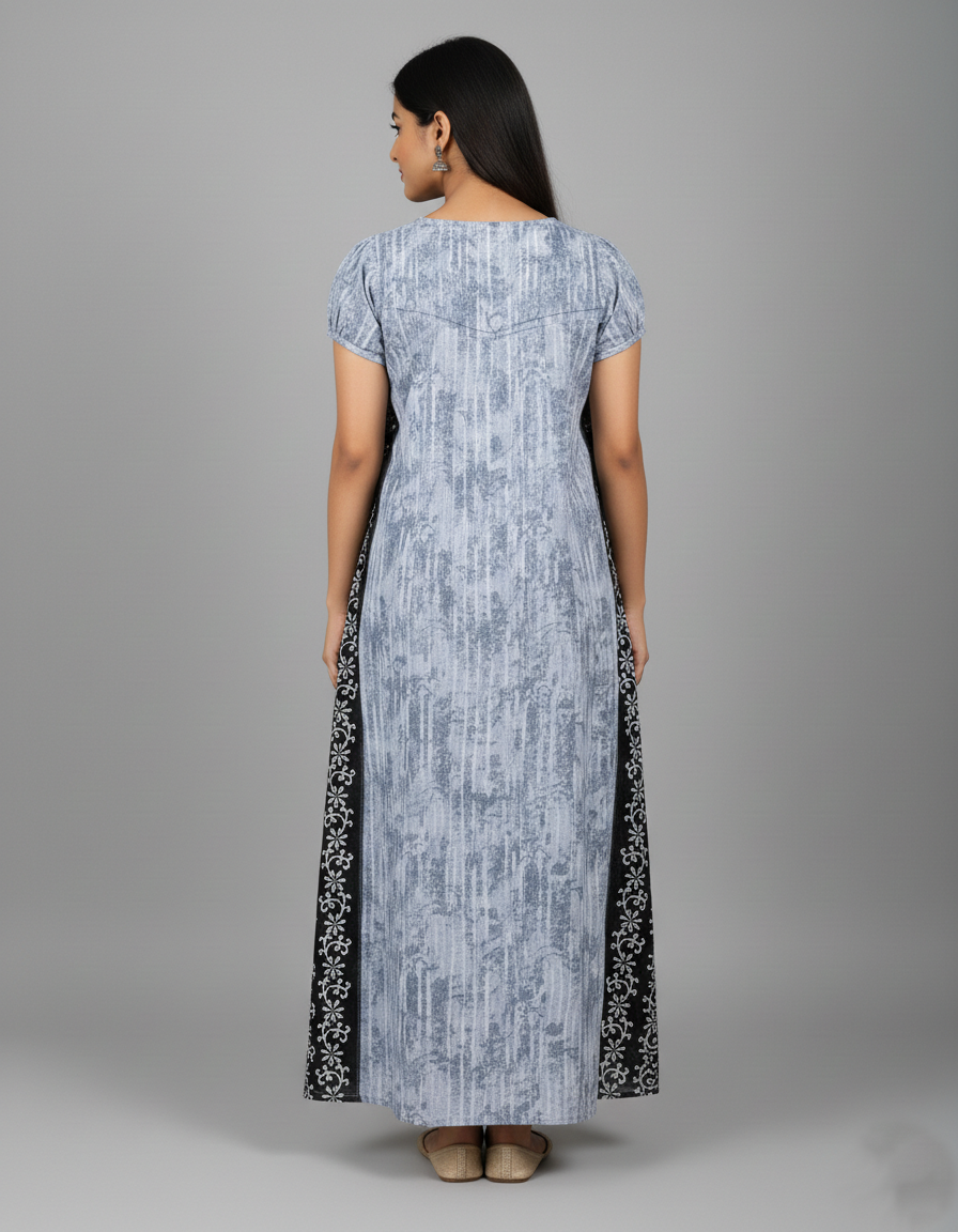 Daily Comfort Ankle-Length Cotton Nighty – Grey Floral Print 3