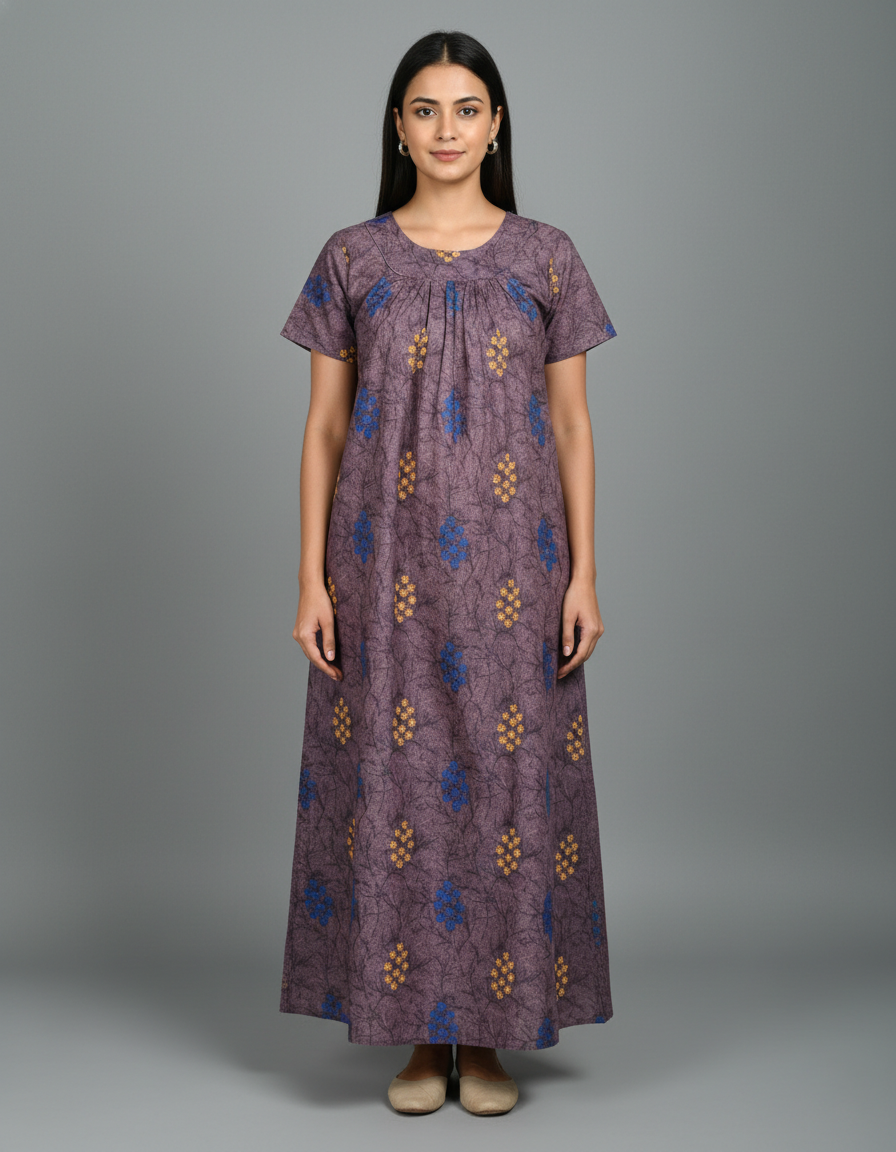 Daily Comfort Ankle-Length Cotton Nighty – Brown Floral Print 7