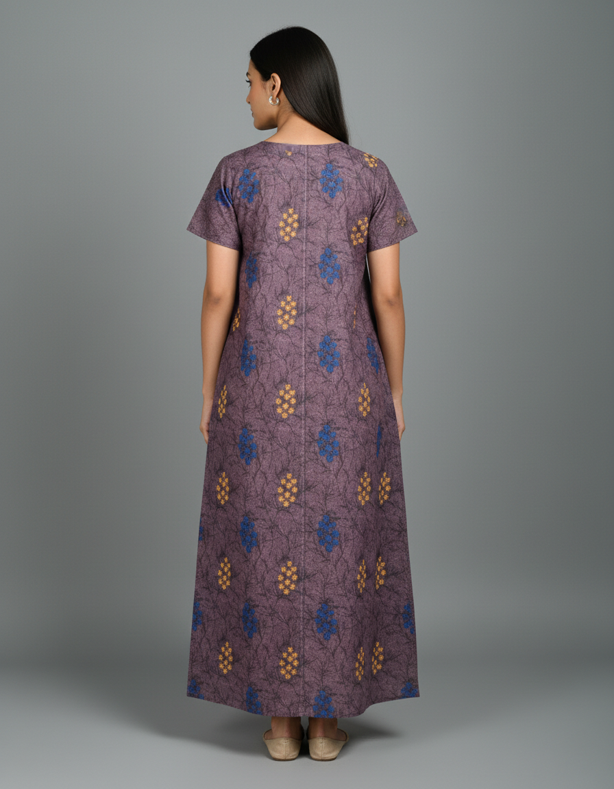 Daily Comfort Ankle-Length Cotton Nighty – Brown Floral Print 7