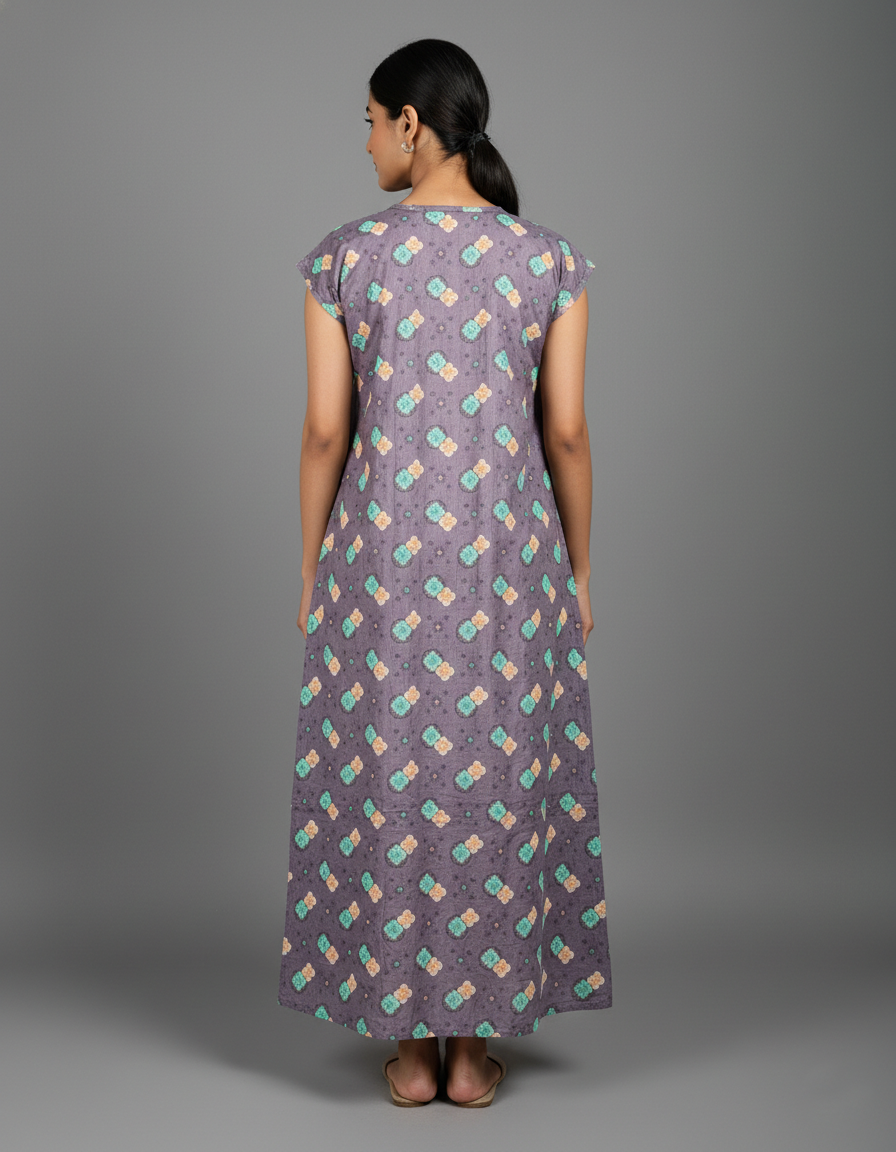 Daily Comfort Ankle-Length Cotton Nighty – Grey Floral Print 4