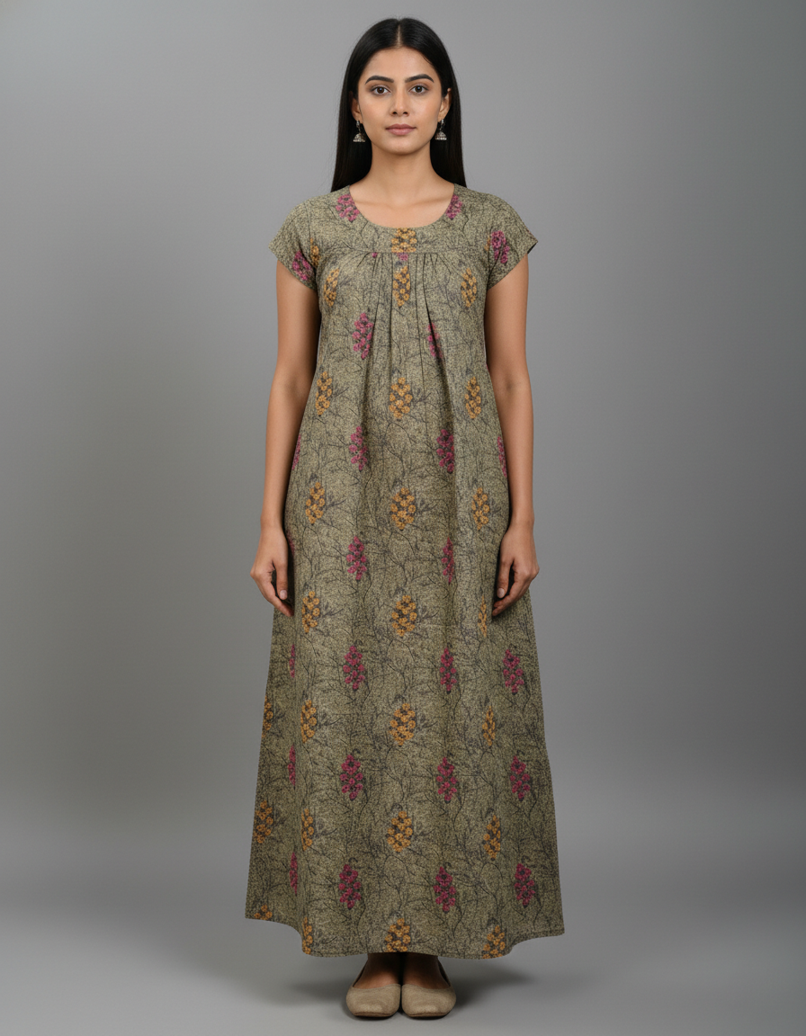 Daily Comfort Ankle-Length Cotton Nighty – Grey Floral Print 5