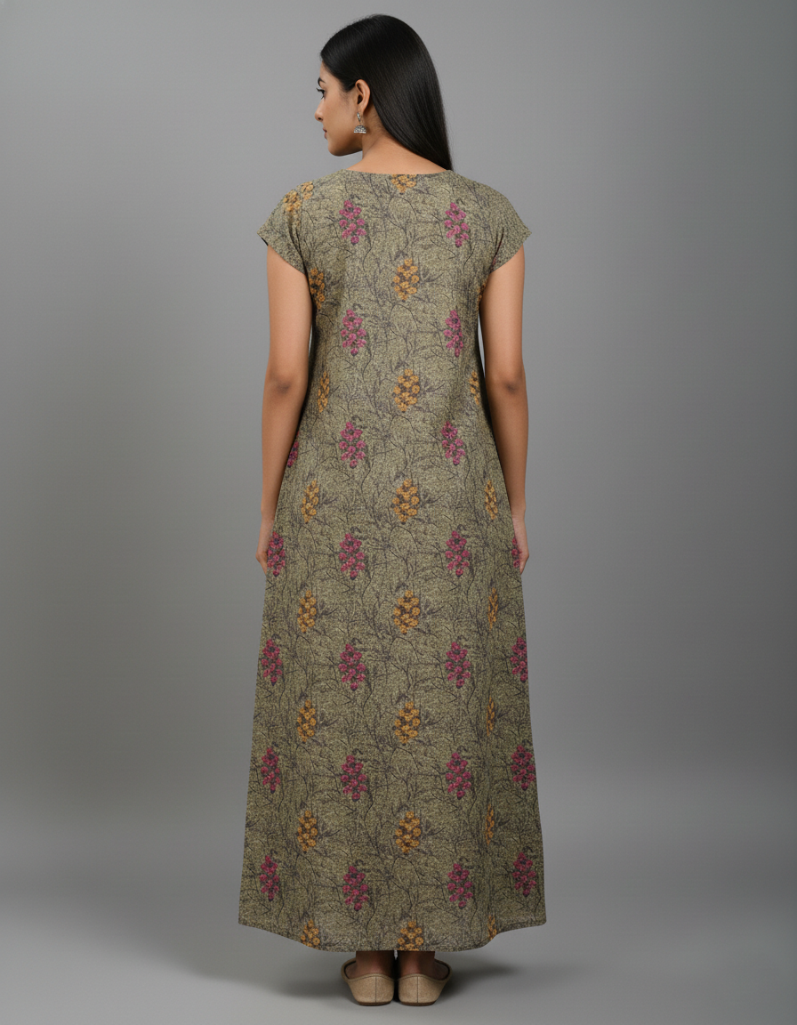 Daily Comfort Ankle-Length Cotton Nighty – Grey Floral Print 5