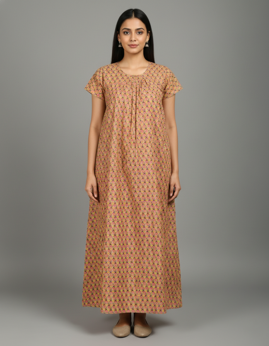 Daily Comfort Ankle-Length Cotton Nighty – Yellow Floral Print 7