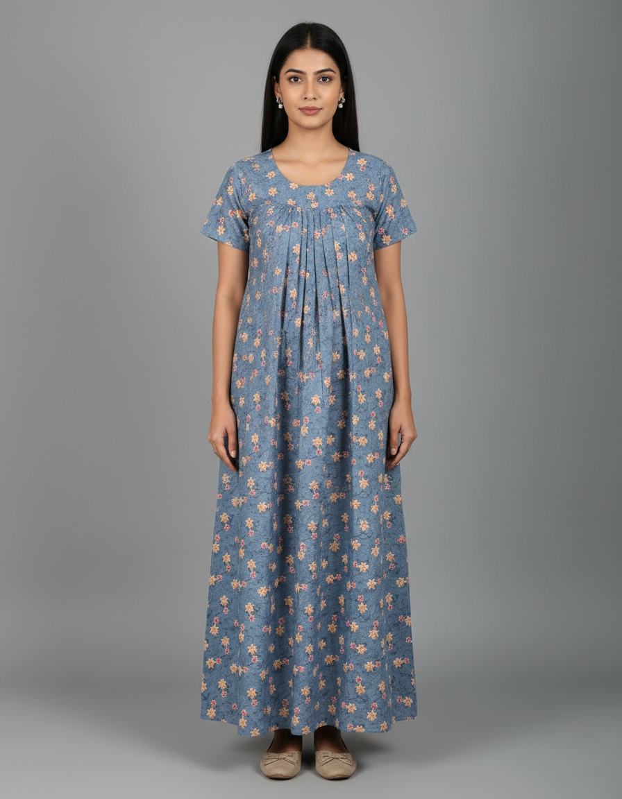 Daily Comfort Ankle-Length Cotton Nighty – Grey Floral Print 6