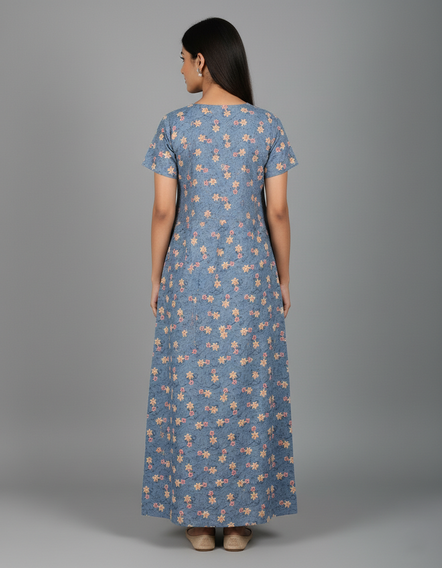 Daily Comfort Ankle-Length Cotton Nighty – Grey Floral Print 6