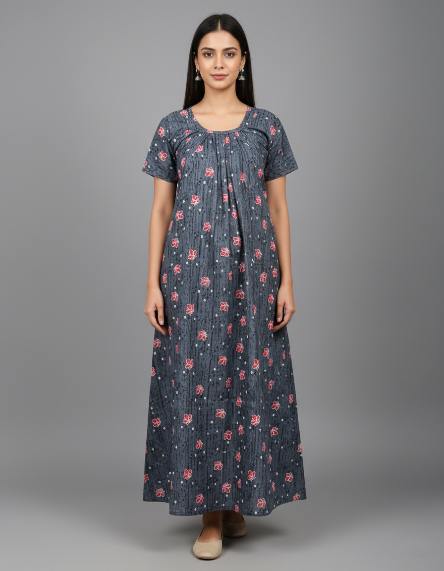 Daily Comfort Ankle-Length Cotton Nighty – Grey Floral Print 7