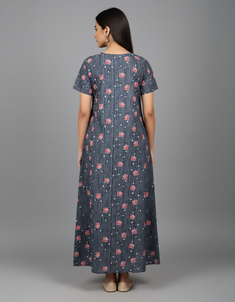 Daily Comfort Ankle-Length Cotton Nighty – Grey Floral Print 7