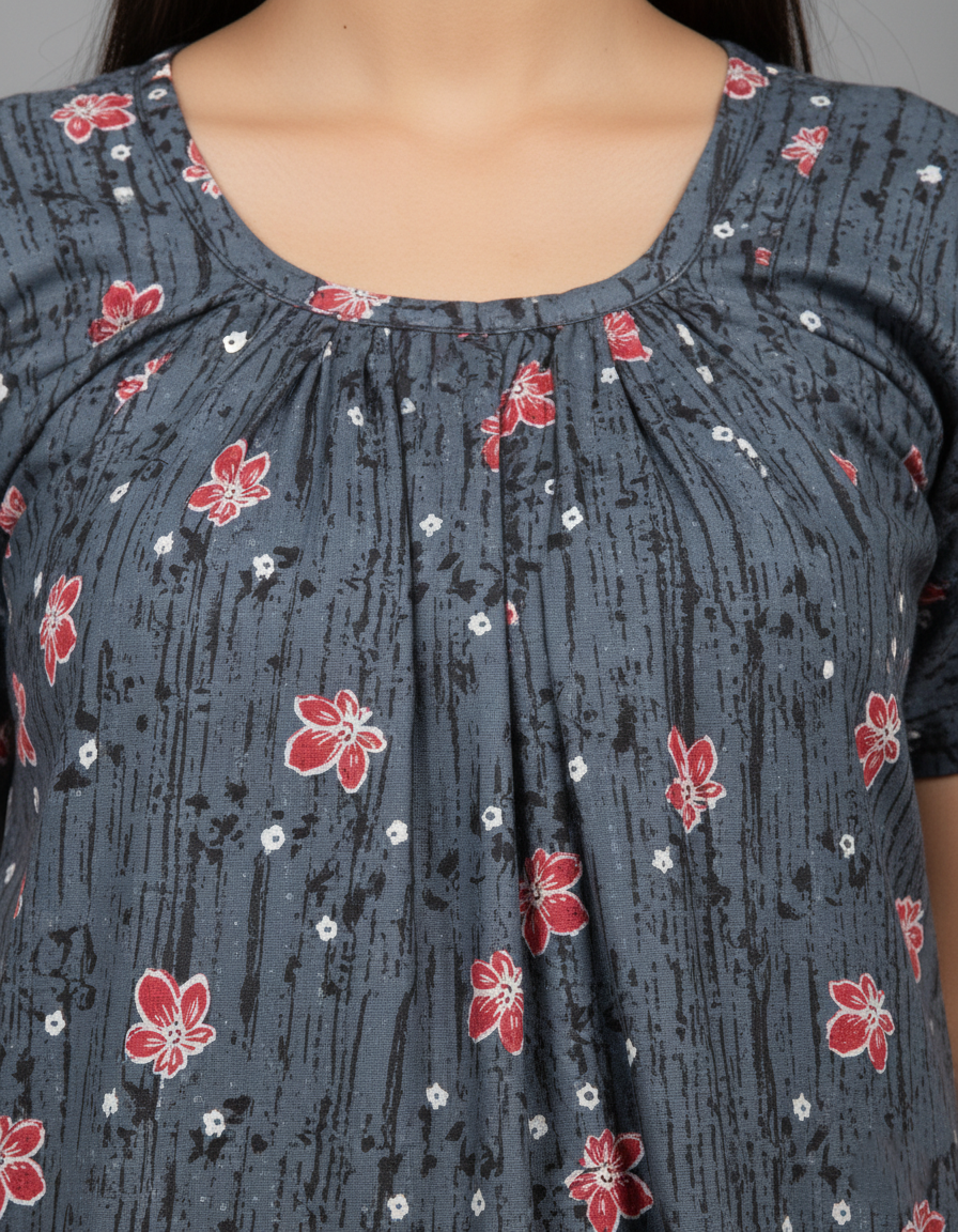 Daily Comfort Ankle-Length Cotton Nighty – Grey Floral Print 7