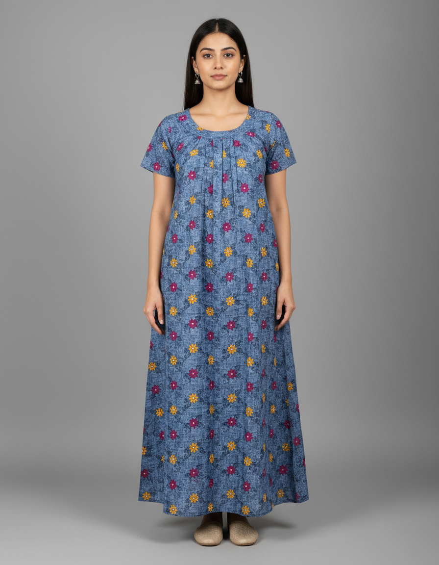 Daily Comfort Ankle-Length Cotton Nighty – Grey Floral Print 8