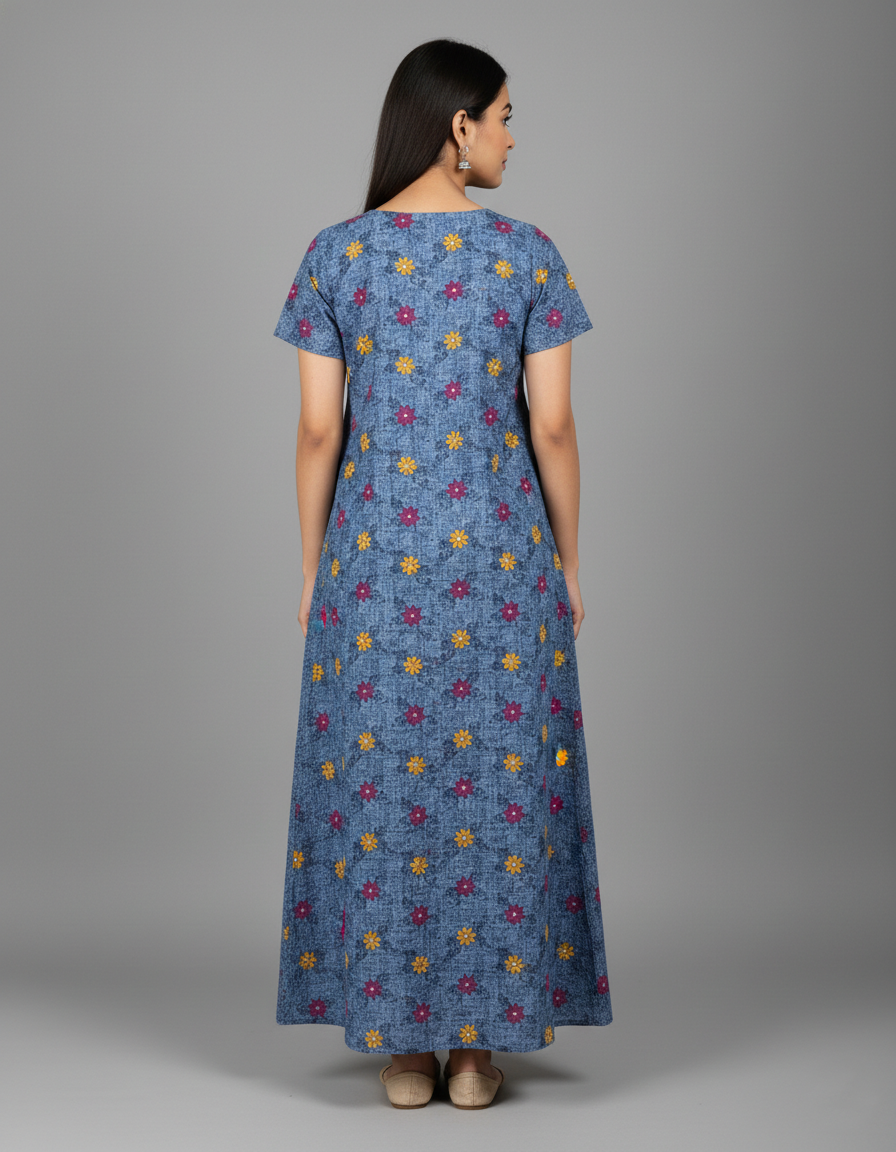 Daily Comfort Ankle-Length Cotton Nighty – Grey Floral Print 8