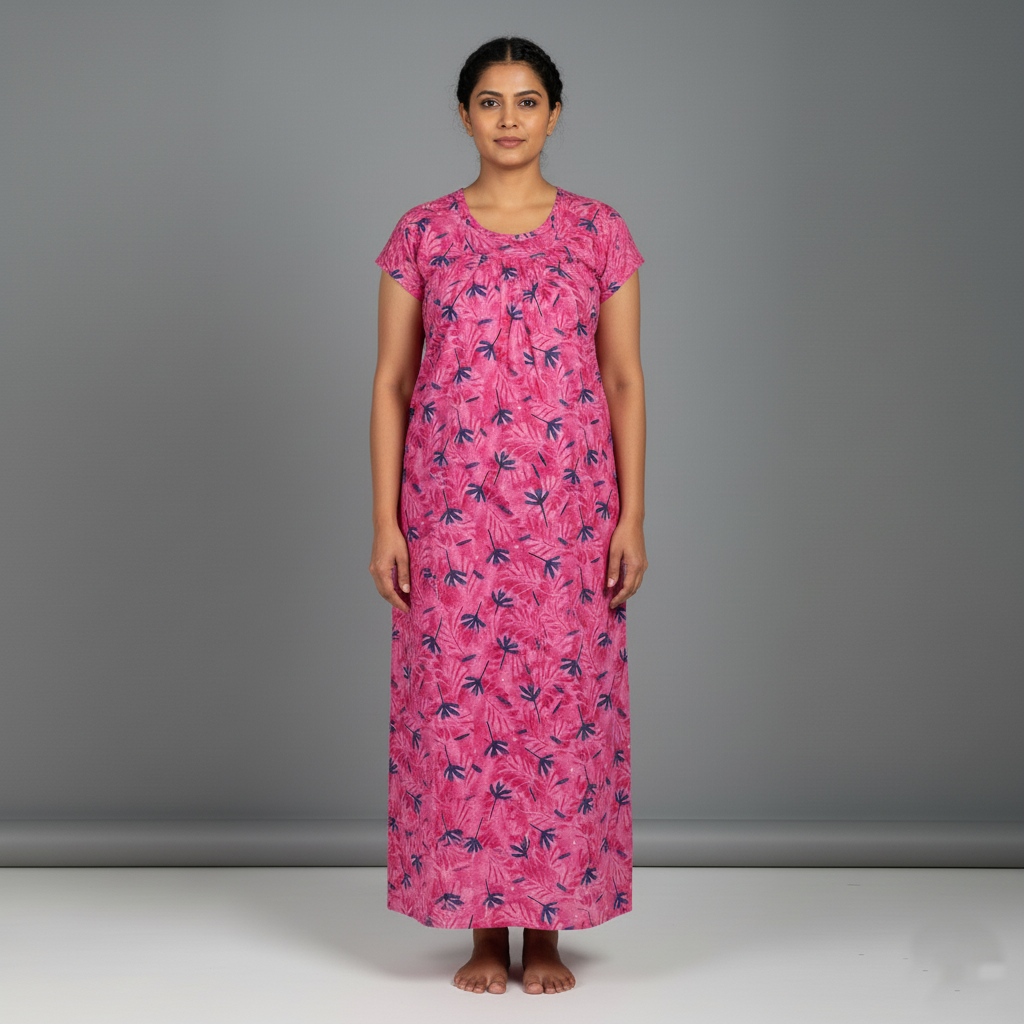 Daily Comfort Ankle-Length Cotton Nighty – Pink Floral Print 1