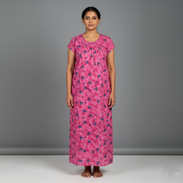 Daily Comfort Ankle-Length Cotton Nighty – Pink Floral Print 1