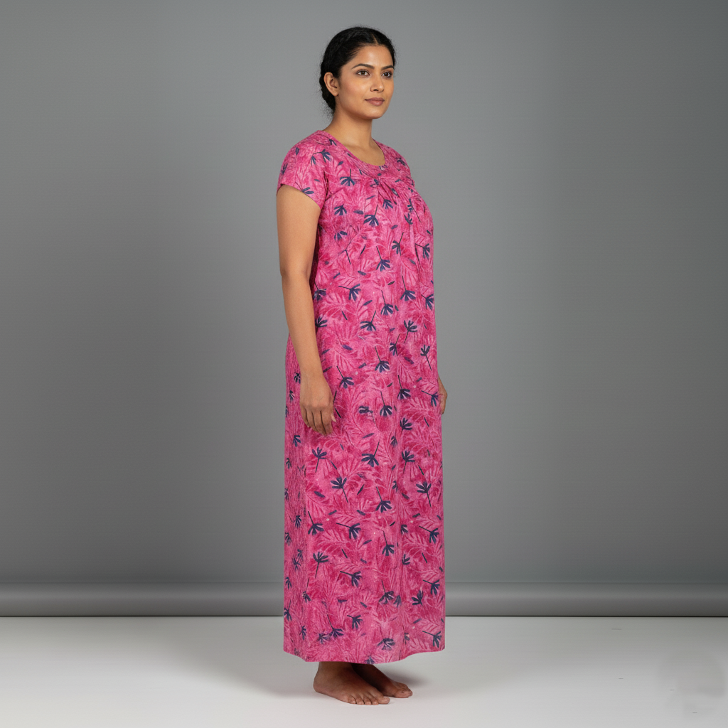 Daily Comfort Ankle-Length Cotton Nighty – Pink Floral Print 1