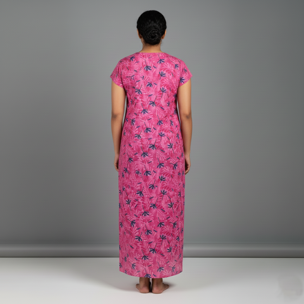 Daily Comfort Ankle-Length Cotton Nighty – Pink Floral Print 1