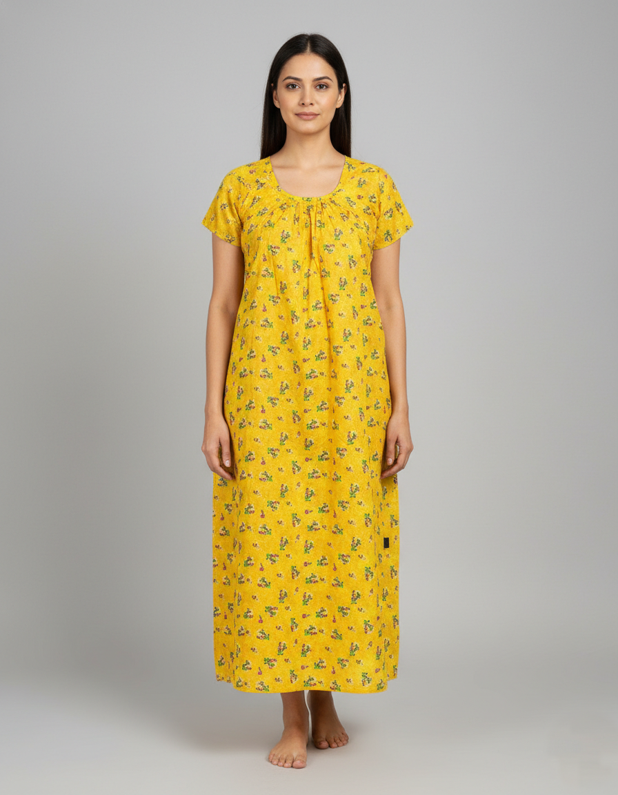Daily Comfort Ankle-Length Cotton Nighty – Yellow Floral Print 1