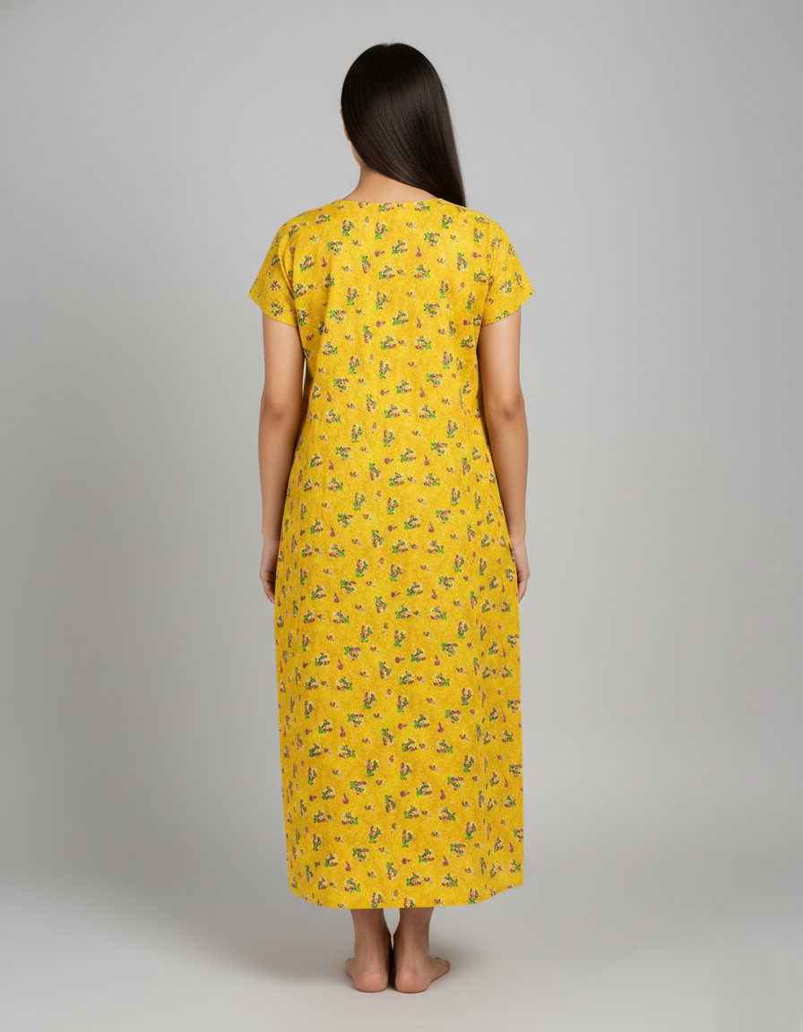 Daily Comfort Ankle-Length Cotton Nighty – Yellow Floral Print 1