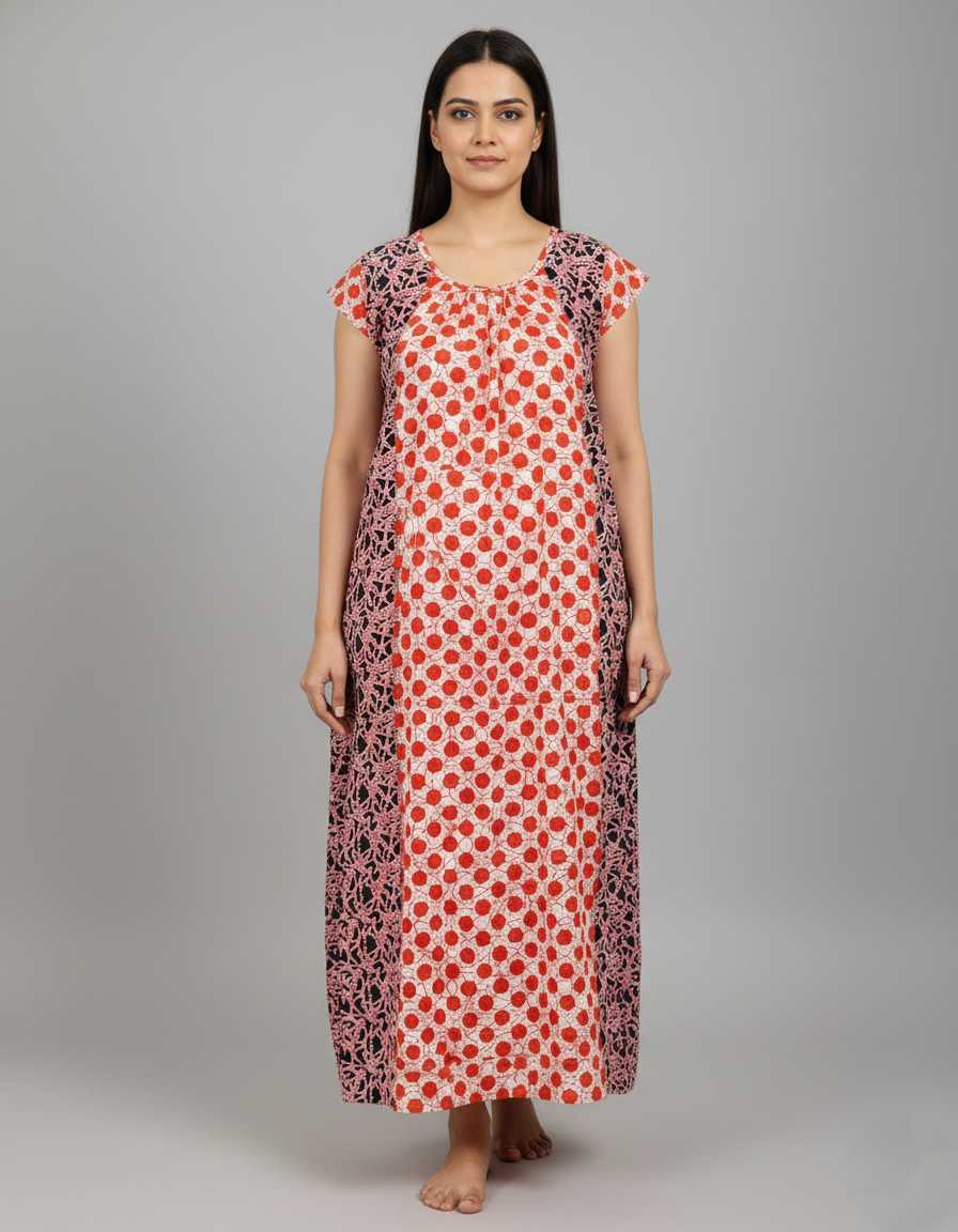 Daily Comfort Ankle-Length Cotton Nighty – Orange Floral Print 1