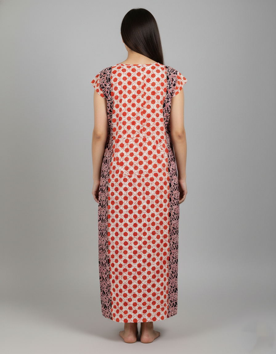 Daily Comfort Ankle-Length Cotton Nighty – Orange Floral Print 1