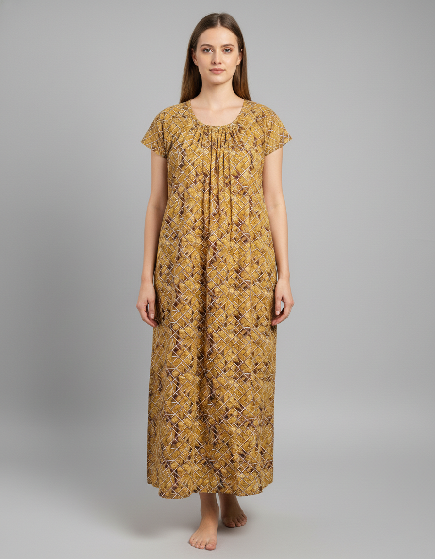 Daily Comfort Ankle-Length Cotton Nighty – Brown Floral Print 1