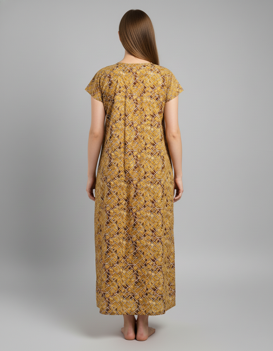 Daily Comfort Ankle-Length Cotton Nighty – Brown Floral Print 1