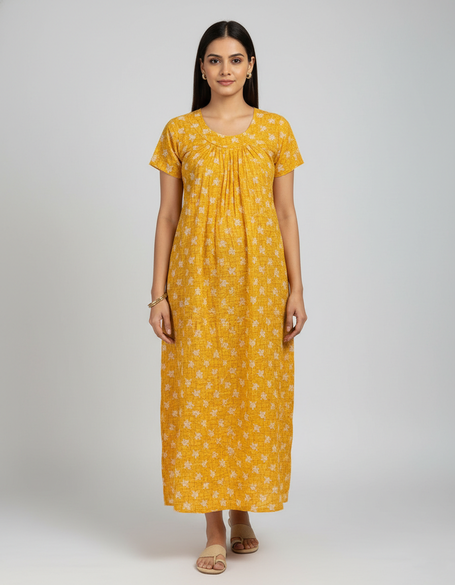 Daily Comfort Ankle-Length Cotton Nighty – Yellow Floral Print 2