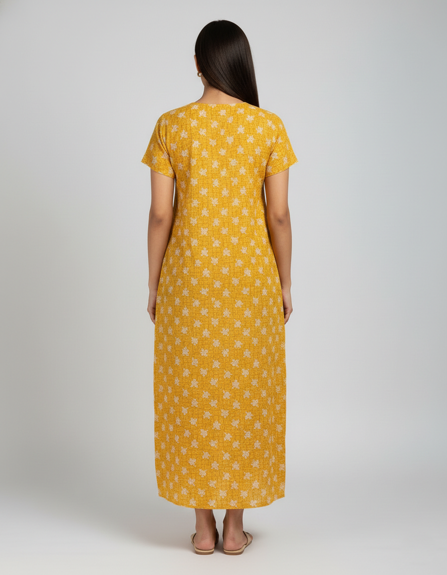Daily Comfort Ankle-Length Cotton Nighty – Yellow Floral Print 2